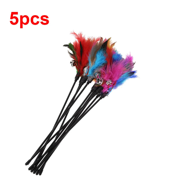 5Pcs-15Pcs Cat Toys Feather Wand Kitten Cat Teaser Turkey Feather Interactive Stick Toy Wire Chaser Wand Toy Random Color