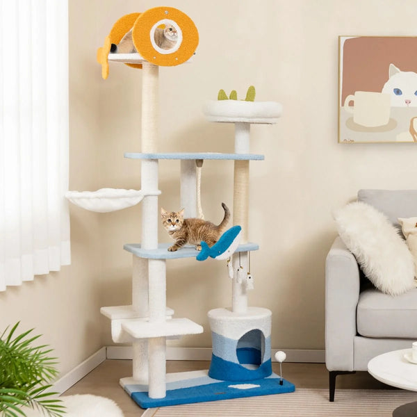 Ocean-Themed Cat Tree Tower with Sisal Covered Scratching Posts